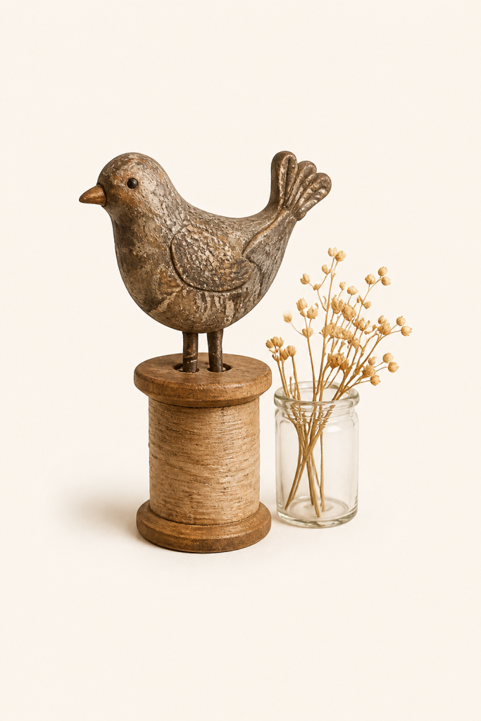 Primitive bird on a wooden spool with dried flowers