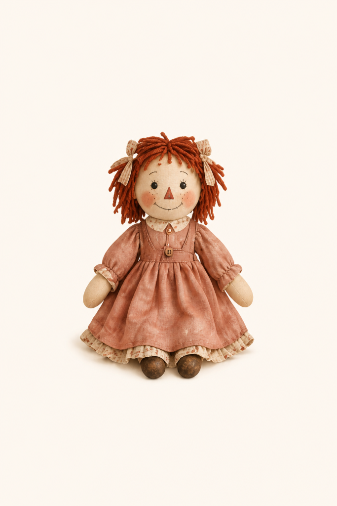 Handmade rag doll in a dusty rose dress