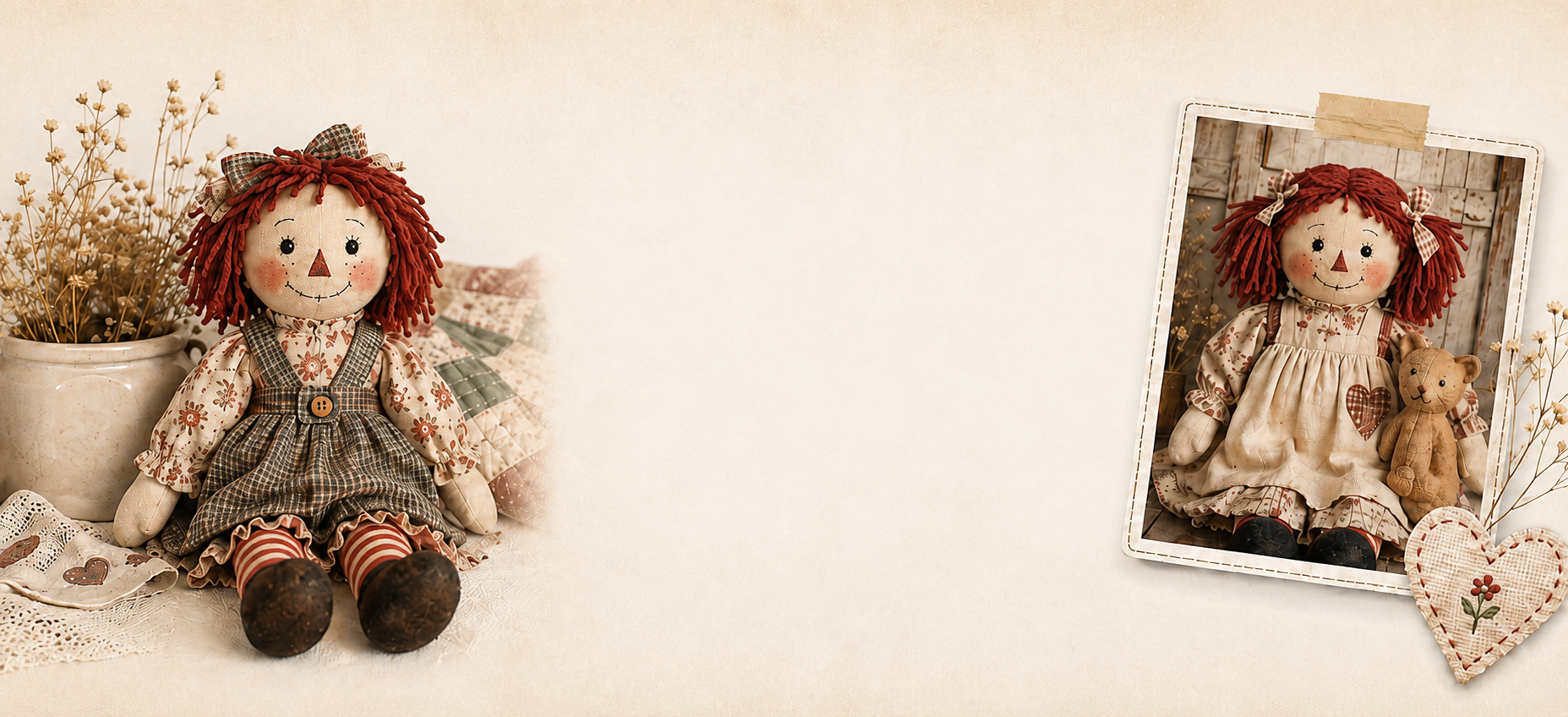 Reference-inspired decorative rag dolls and stitched photograph