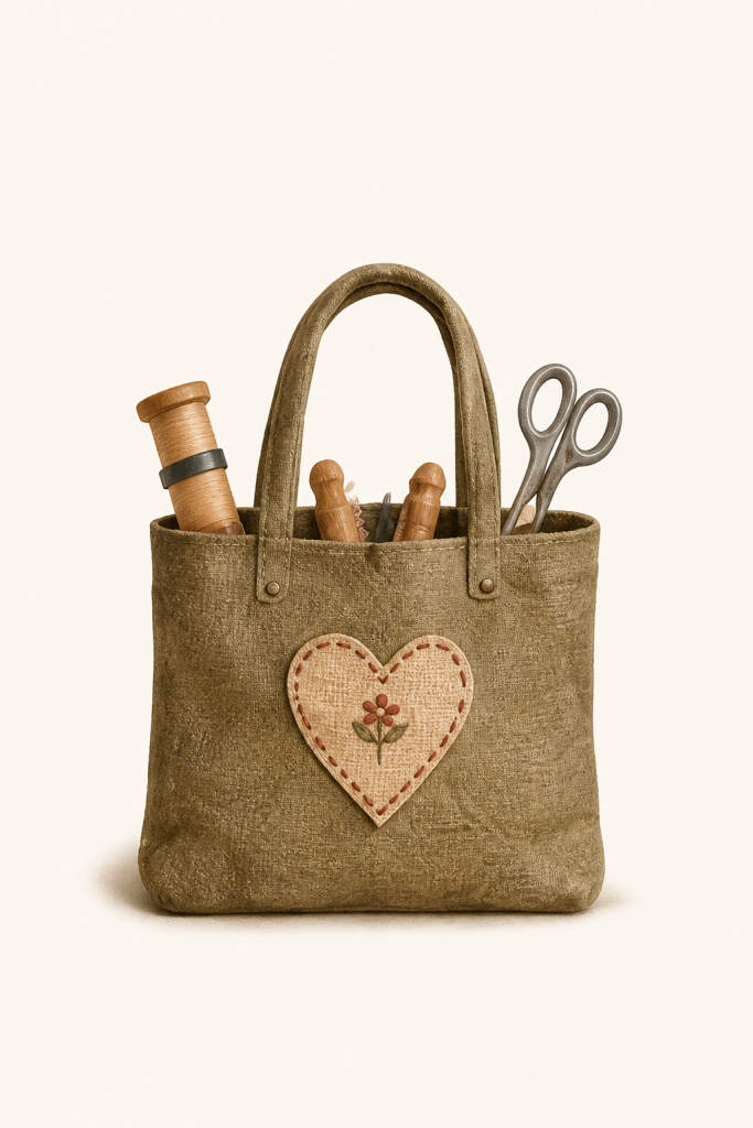 Rustic sewing tote with thread and scissors